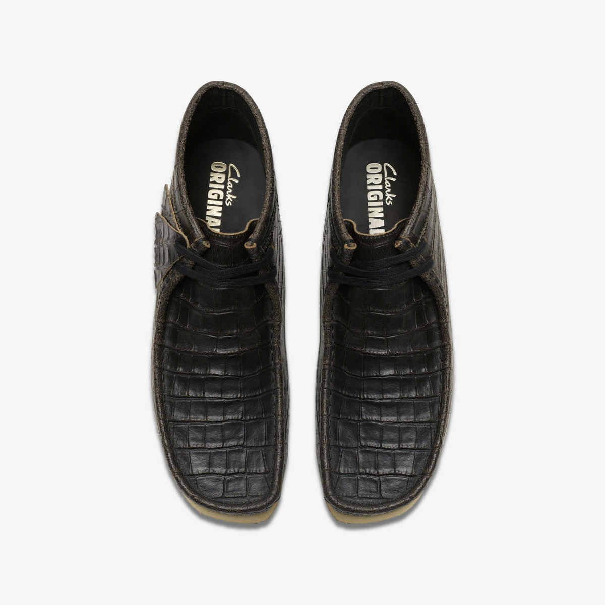 Clarks Sale / Wallabee Boot Black Crocodile Distress